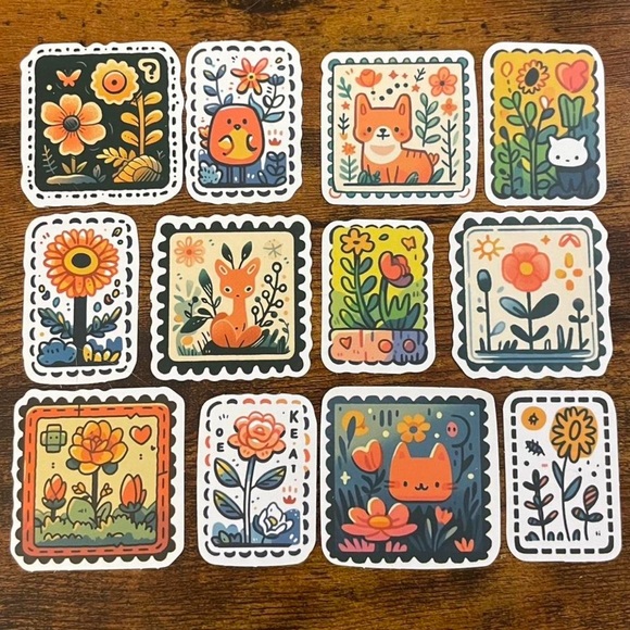 10PC Woodland Animal & Floral Stamp Style Sticker Pack - Picture 1 of 2